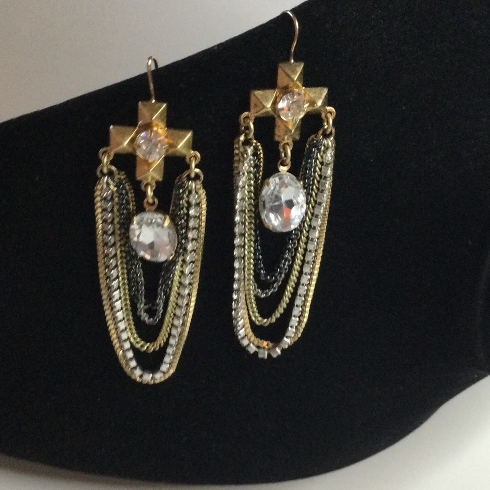 JUICY COUTURE CHAIN CRYSTAL CROSS DROP EARRINGS GOLD EUC